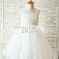 Ivory Lace Champagne Tulle Wedding Flower Girl Dress with Keyhole Back - 1T / Ivory