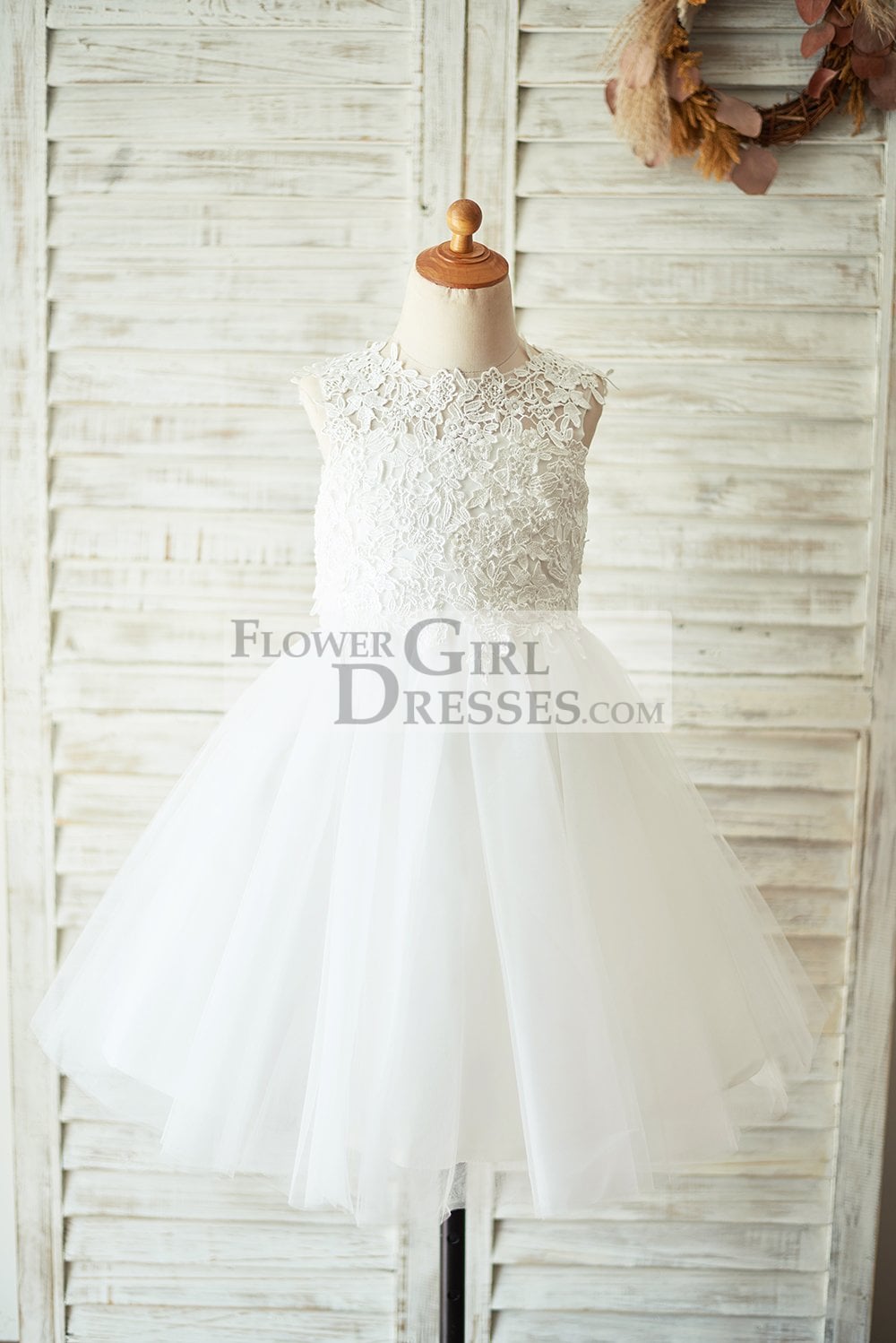 Ivory Lace Champagne Tulle Wedding Flower Girl Dress with Keyhole Back - 1T / Ivory