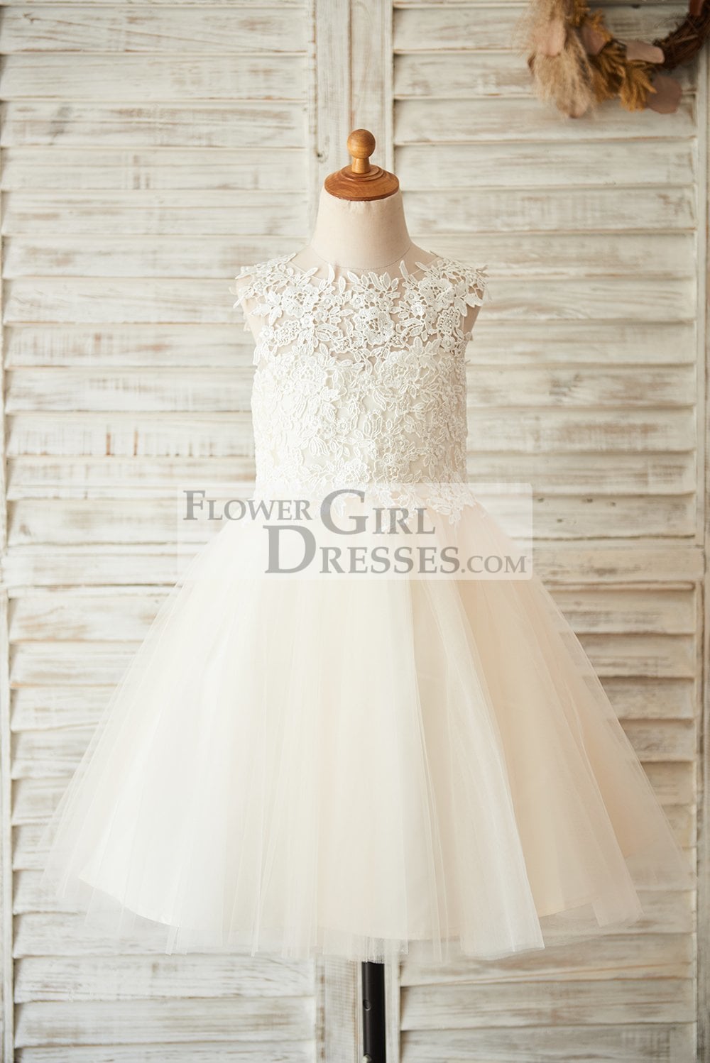 Ivory Lace Champagne Tulle Wedding Flower Girl Dress with Keyhole Back - 1T / Champagne