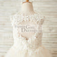 Ivory Lace Champagne Tulle Wedding Flower Girl Dress with Keyhole Back