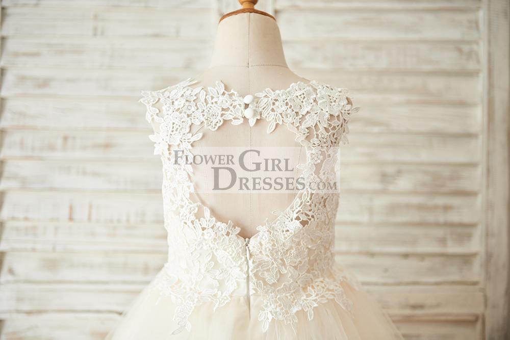 Ivory Lace Champagne Tulle Wedding Flower Girl Dress with Keyhole Back