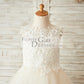 Ivory Lace Champagne Tulle Wedding Flower Girl Dress with Keyhole Back