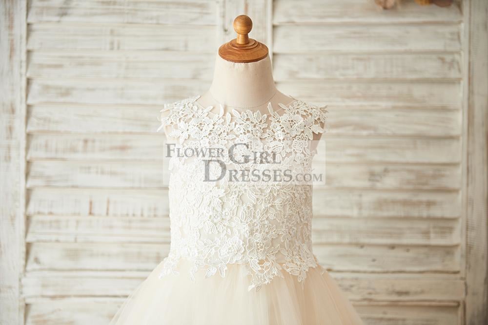 Ivory Lace Champagne Tulle Wedding Flower Girl Dress with Keyhole Back