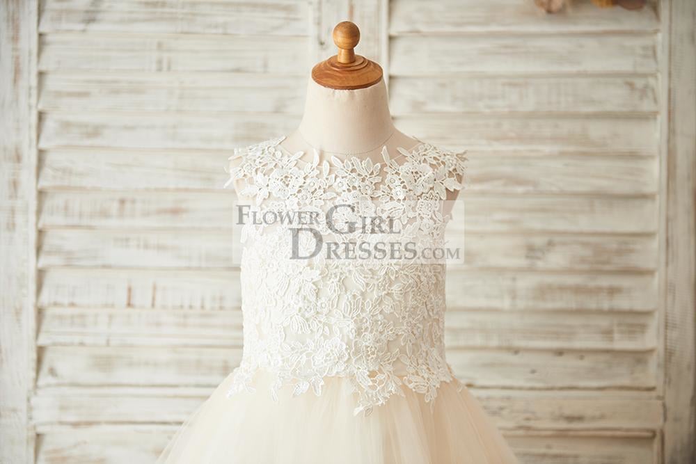 Ivory Lace Champagne Tulle Wedding Flower Girl Dress with Keyhole Back