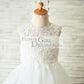 Ivory Lace Champagne Tulle Wedding Flower Girl Dress with Keyhole Back