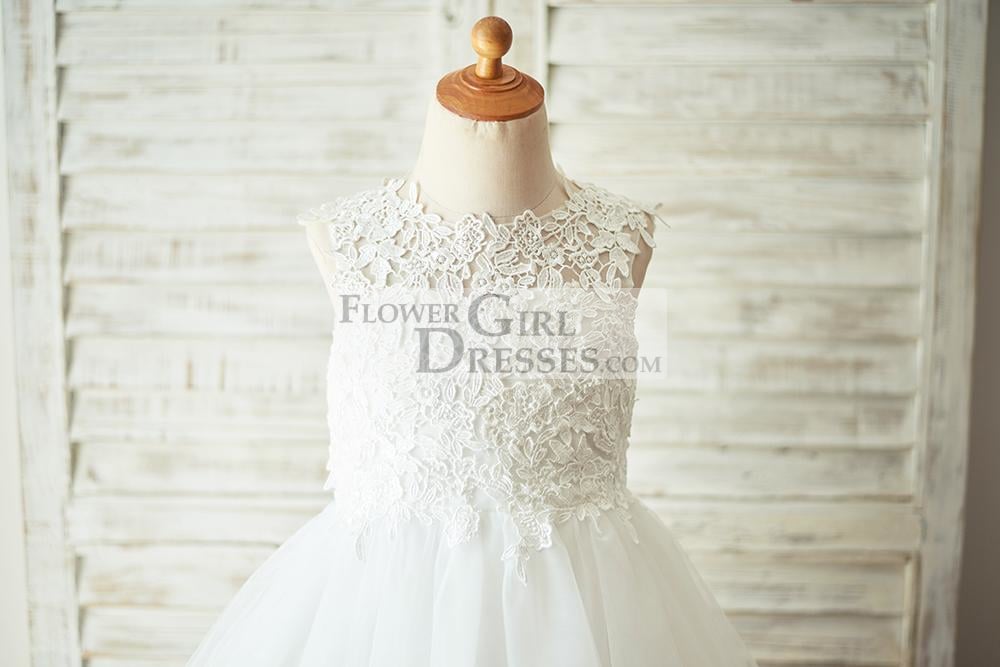 Ivory Lace Champagne Tulle Wedding Flower Girl Dress with Keyhole Back