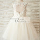 Ivory Lace Champagne Tulle Wedding Flower Girl Dress with Keyhole Back