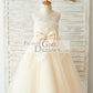 Ivory Lace Champagne Tulle Wedding Party Flower Girl Dress with Pearls