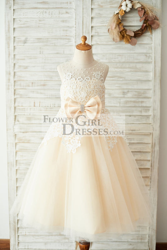 Ivory Lace Champagne Tulle Wedding Party Flower Girl Dress with Pearls