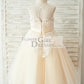 Ivory Lace Champagne Tulle Wedding Party Flower Girl Dress with Pearls
