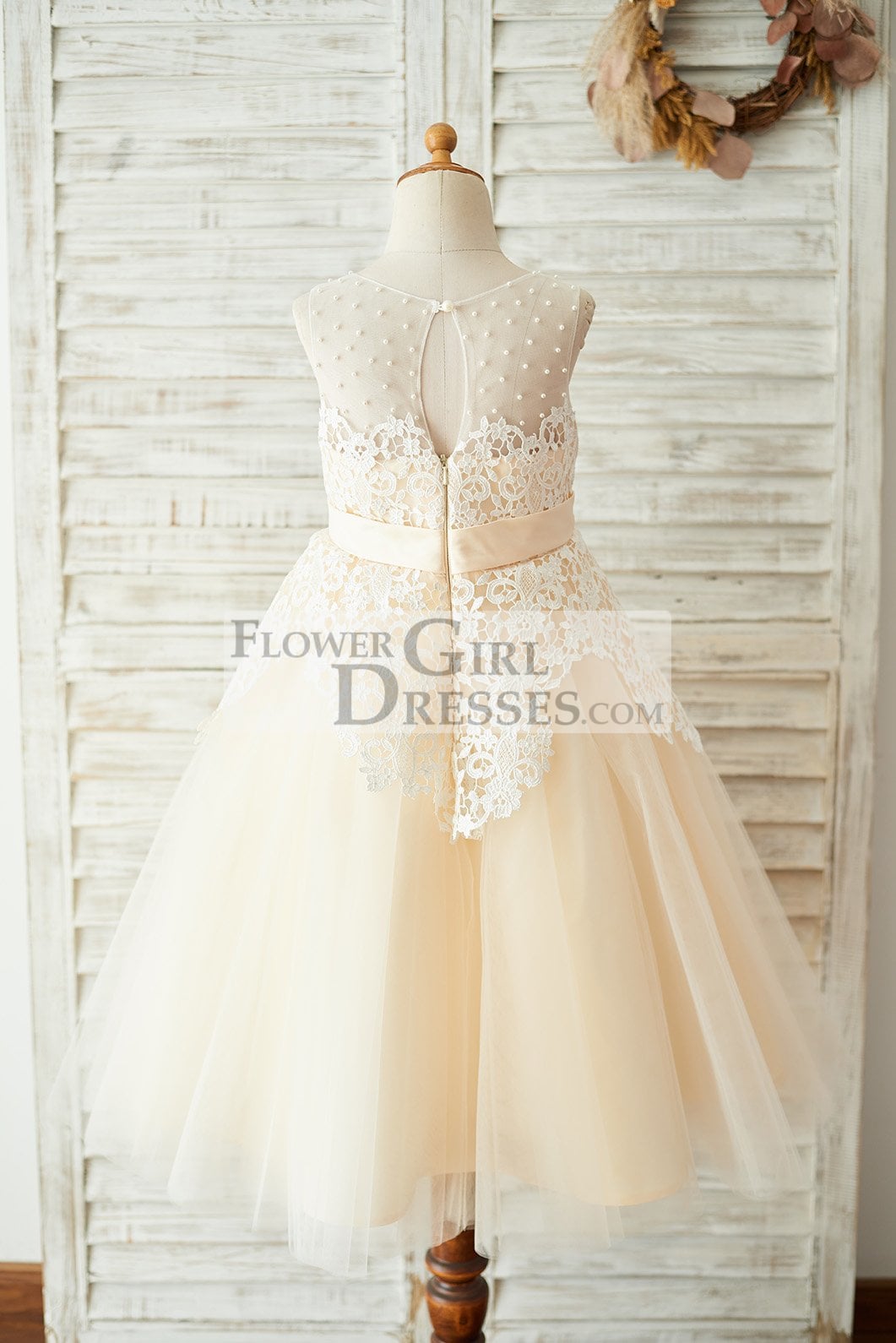 Ivory Lace Champagne Tulle Wedding Party Flower Girl Dress with Pearls