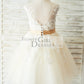 Ivory Lace Champagne Tulle Wedding Party Flower Girl Dress with V Back