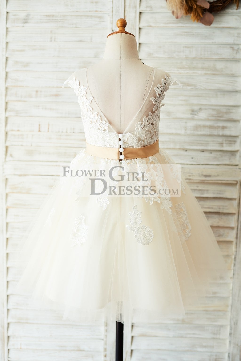 Ivory Lace Champagne Tulle Wedding Party Flower Girl Dress with V Back