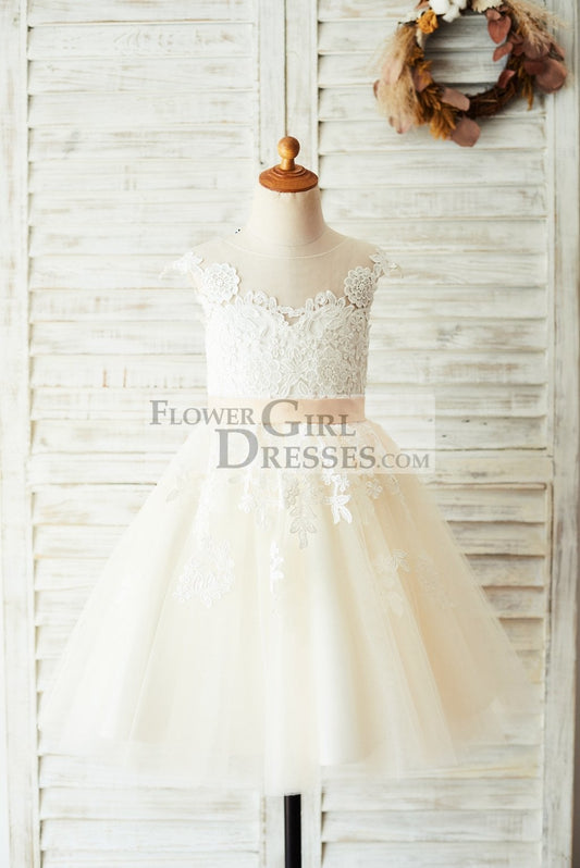 Ivory Lace Champagne Tulle Wedding Party Flower Girl Dress with V Back