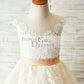 Ivory Lace Champagne Tulle Wedding Party Flower Girl Dress with V Back