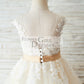 Ivory Lace Champagne Tulle Wedding Party Flower Girl Dress with V Back