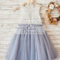 Ivory Lace Gray Tulle Sheer Back Wedding Flower Girl Dress with Belt
