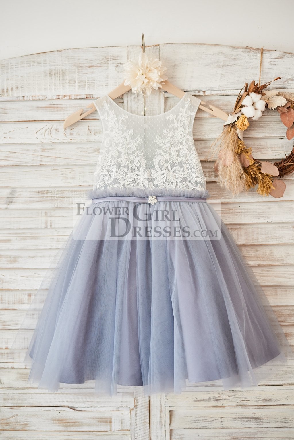 Ivory Lace Gray Tulle Sheer Back Wedding Flower Girl Dress with Belt