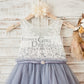 Ivory Lace Gray Tulle Sheer Back Wedding Flower Girl Dress with Belt