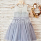 Ivory Lace Gray Tulle Sheer Back Wedding Flower Girl Dress with Belt