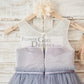 Ivory Lace Gray Tulle Sheer Back Wedding Flower Girl Dress with Belt