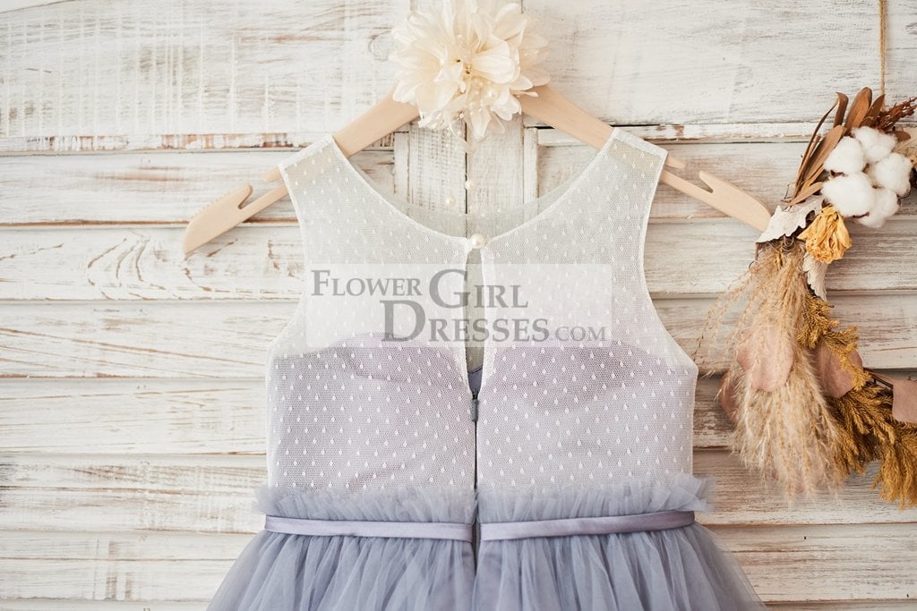 Ivory Lace Gray Tulle Sheer Back Wedding Flower Girl Dress with Belt