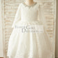 Ivory Lace Long Sleeves Wedding Flower Girl Dress with Beading Neck
