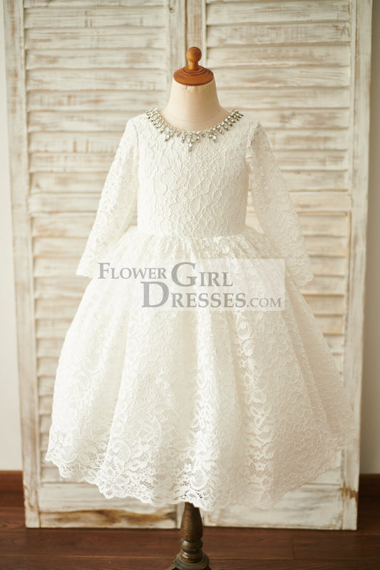 Ivory Lace Long Sleeves Wedding Flower Girl Dress with Beading Neck