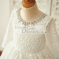Ivory Lace Long Sleeves Wedding Flower Girl Dress with Beading Neck