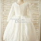 Ivory Lace Long Sleeves Wedding Flower Girl Dress with Beading Neck