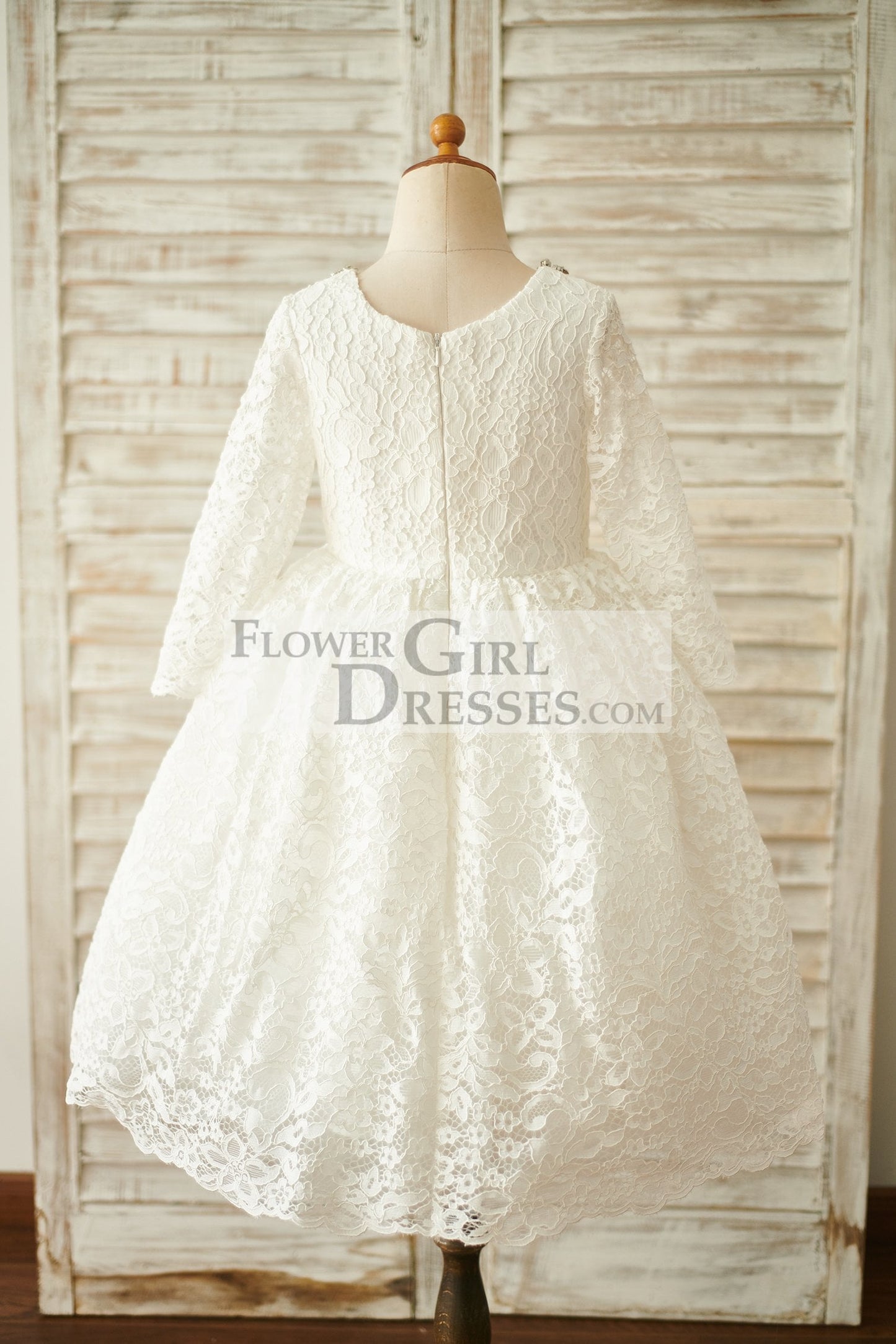 Ivory Lace Long Sleeves Wedding Flower Girl Dress with Beading Neck
