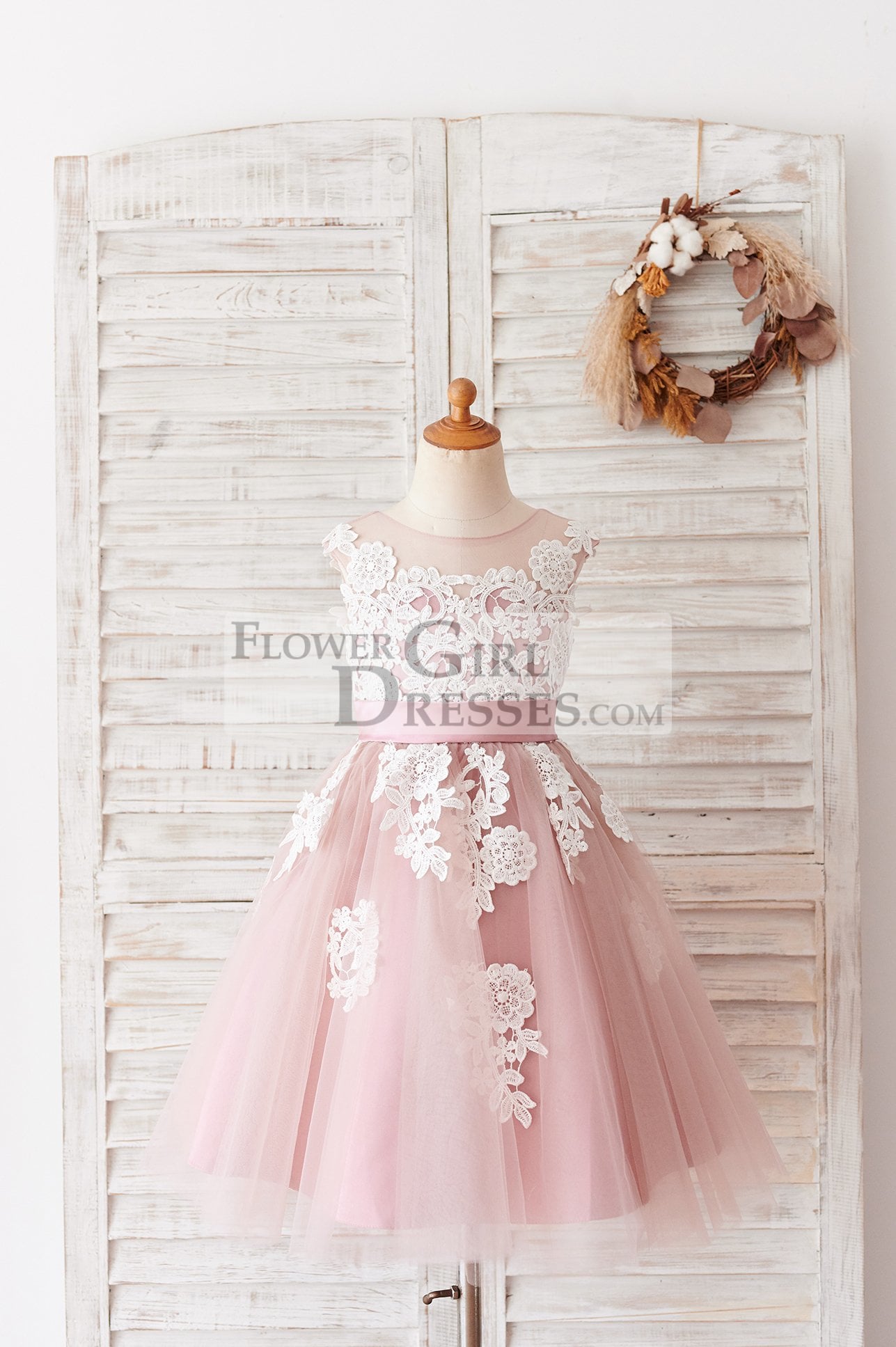 Ivory Lace Mauve/Silver Gray Tulle Wedding Flower Girl Dress - 1T / Mauve