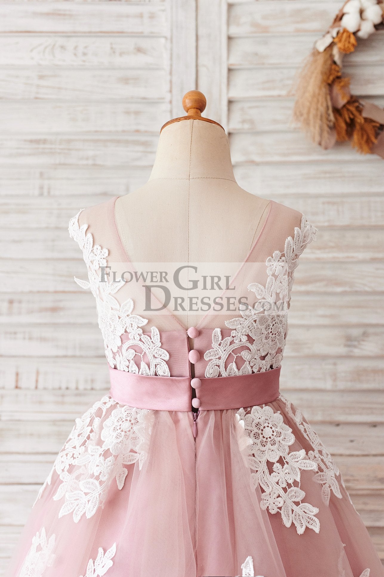 Ivory Lace Mauve/Silver Gray Tulle Wedding Flower Girl Dress