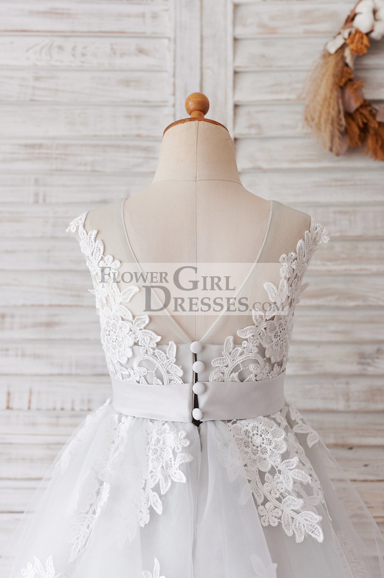 Ivory Lace Mauve/Silver Gray Tulle Wedding Flower Girl Dress