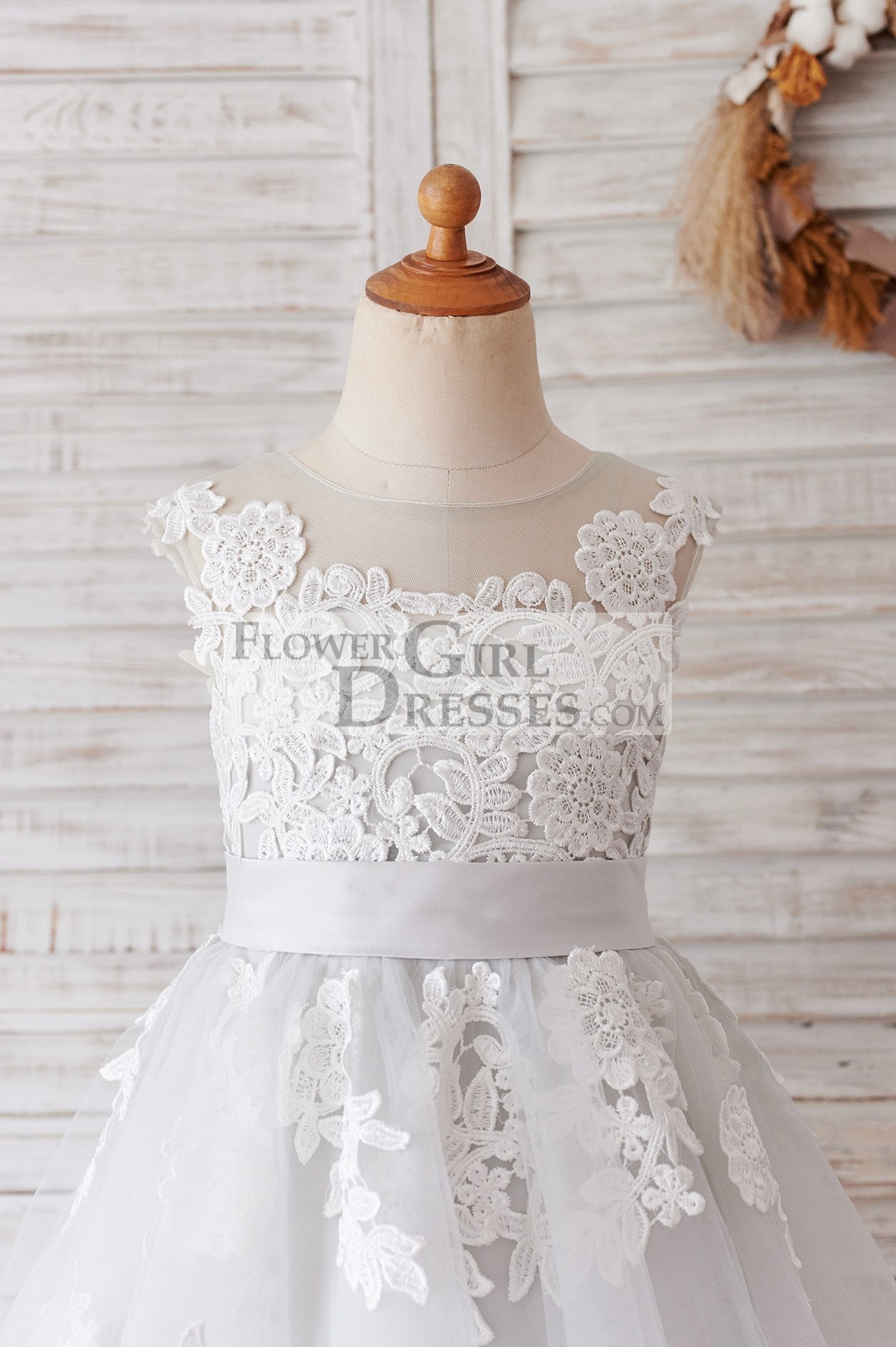 Ivory Lace Mauve/Silver Gray Tulle Wedding Flower Girl Dress