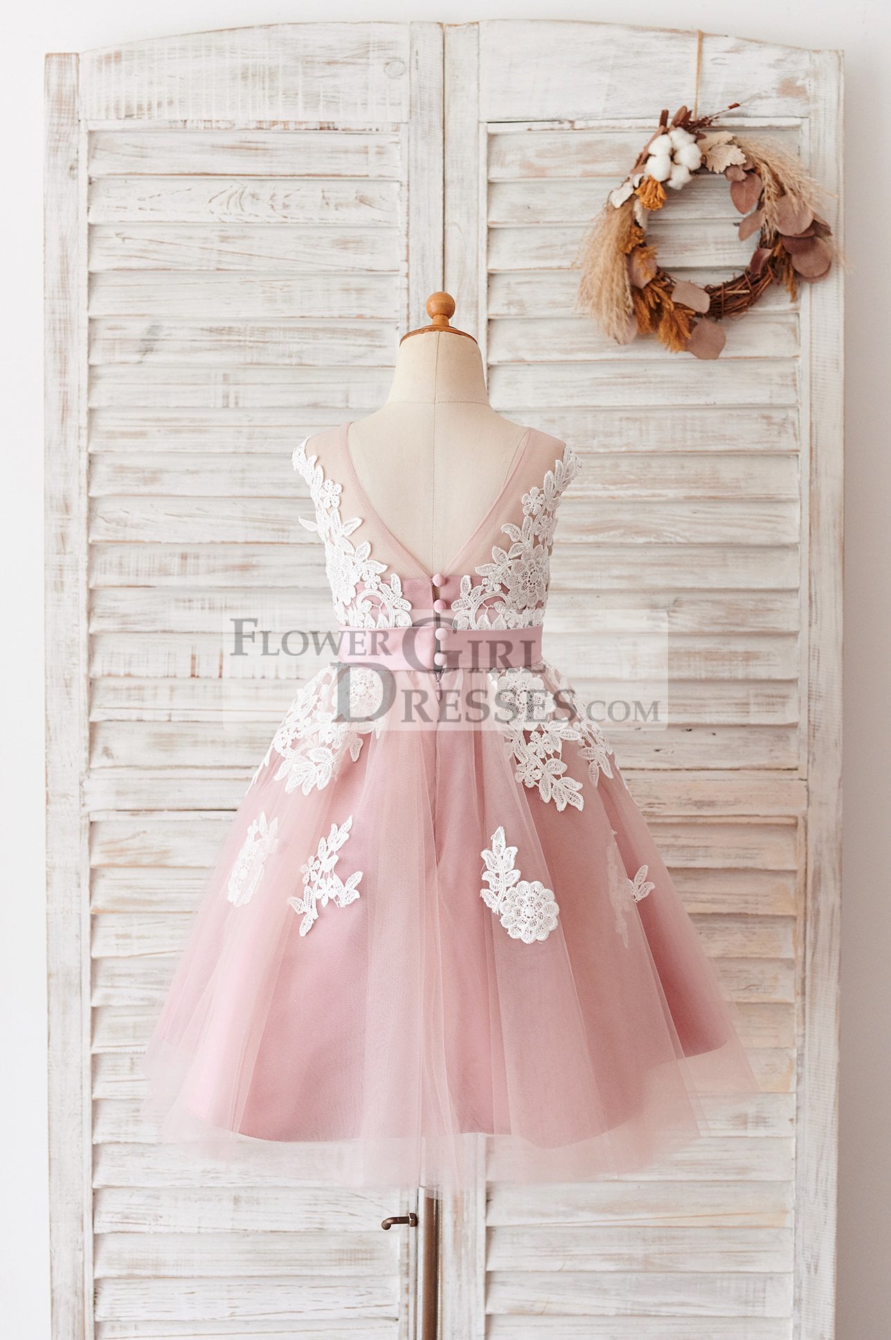 Ivory Lace Mauve/Silver Gray Tulle Wedding Flower Girl Dress