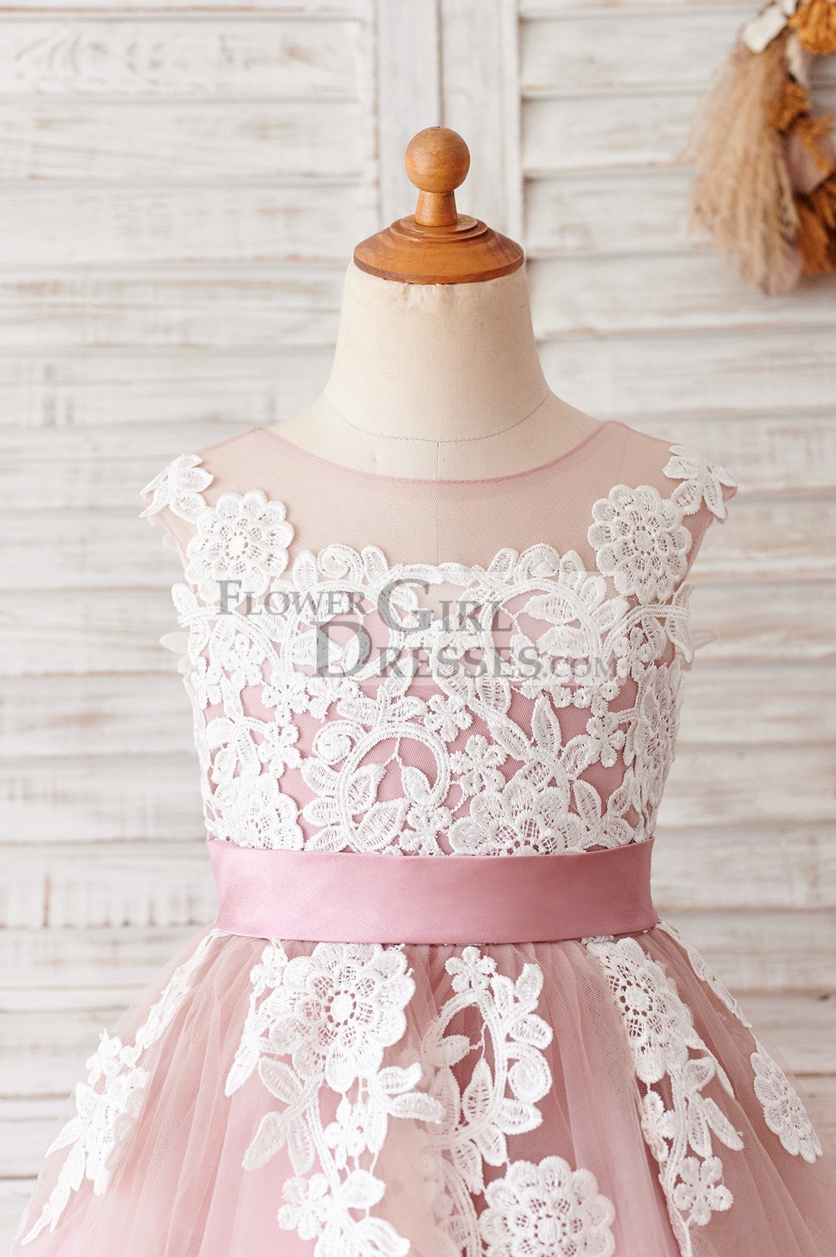 Ivory Lace Mauve/Silver Gray Tulle Wedding Flower Girl Dress