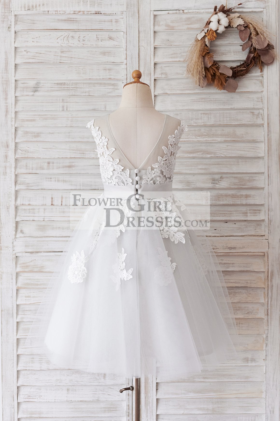 Ivory Lace Mauve/Silver Gray Tulle Wedding Flower Girl Dress