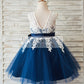 Ivory Lace Navy Blue Tulle Wedding Flower Girl Dress with V Back