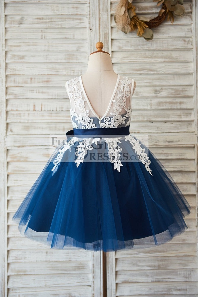 Ivory Lace Navy Blue Tulle V Back Wedding Flower Girl Dress, Sash 4T Ivory Lace Navy Blue Tulle V Back Wedding Flower Girl Dress, Sash 4T