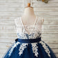 Ivory Lace Navy Blue Tulle Wedding Flower Girl Dress with V Back