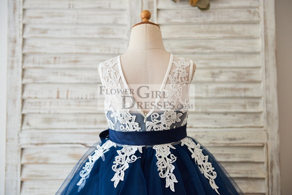 Ivory Lace Navy Blue Tulle Wedding Flower Girl Dress with V Back