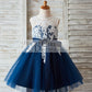 Ivory Lace Navy Blue Tulle Wedding Flower Girl Dress with V Back
