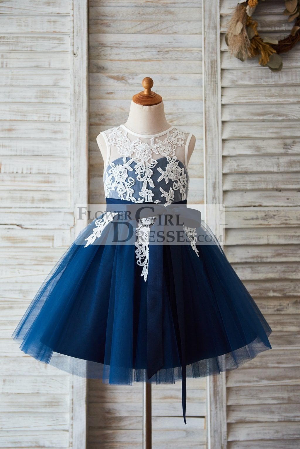 Ivory Lace Navy Blue Tulle Wedding Flower Girl Dress with V Back