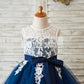 Ivory Lace Navy Blue Tulle Wedding Flower Girl Dress with V Back