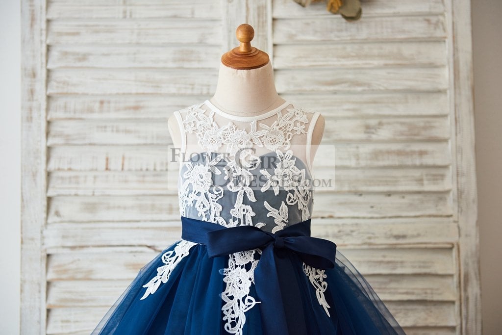 Ivory Lace Navy Blue Tulle Wedding Flower Girl Dress with V Back