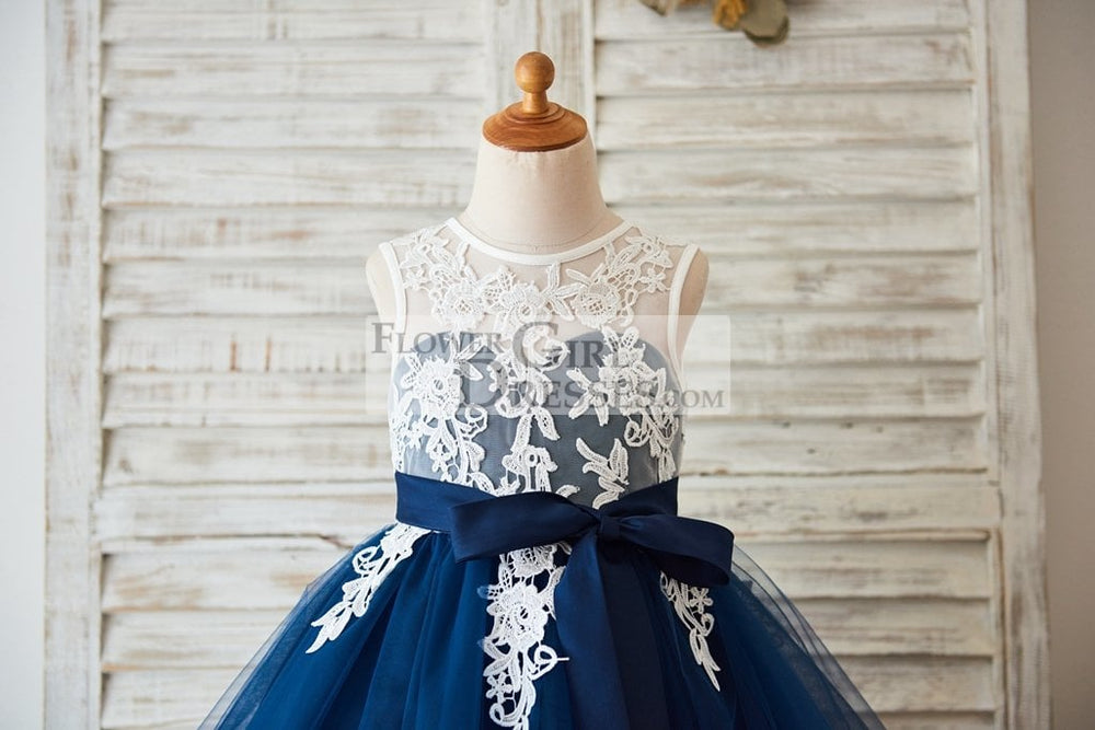 Ivory Lace Navy Blue Tulle V Back Wedding Flower Girl Dress, Sash 4T Ivory Lace Navy Blue Tulle V Back Wedding Flower Girl Dress, Sash 4T