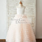 Ivory Lace Peach Pink Cupcake Tulle Keyhole Back Wedding Flower Girl Dress