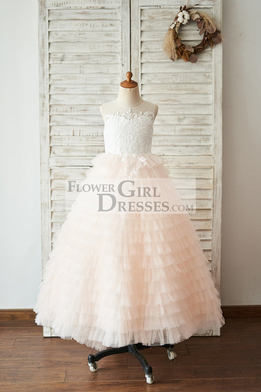 Ivory Lace Peach Pink Cupcake Tulle Keyhole Back Wedding Flower Girl Dress