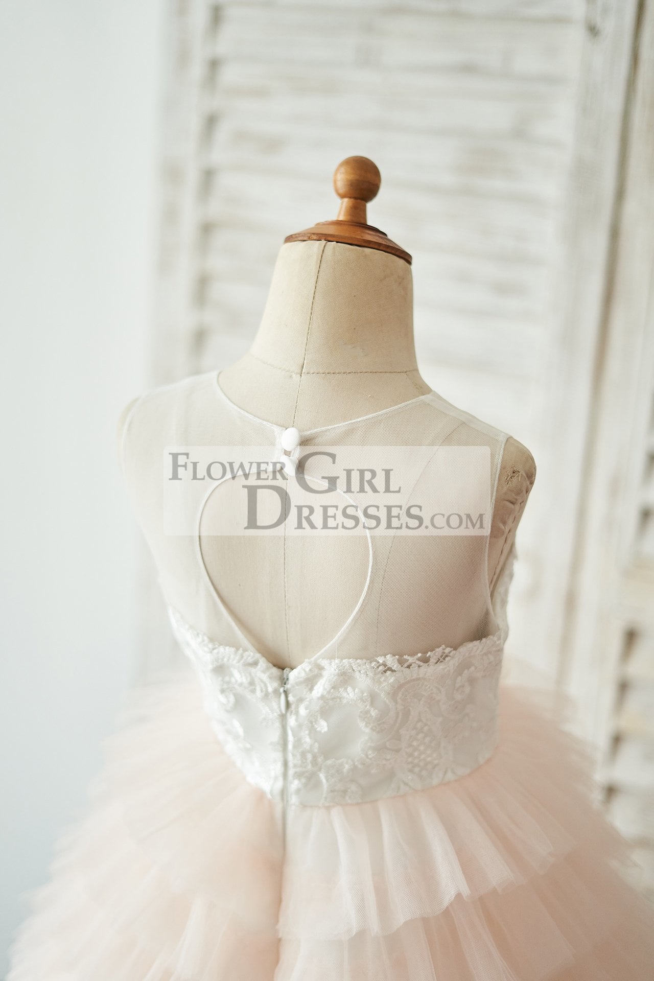 Ivory Lace Peach Pink Cupcake Tulle Keyhole Back Wedding Flower Girl Dress